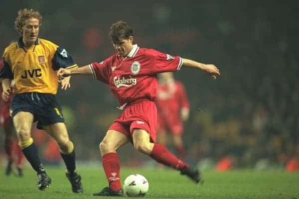 Liverpool, England - Wednesday, November 27th, 1996: Liverpool's Stig Inge Bjornebye and Arsenal's Ray Parlour during the 4th Round of the League Cup at Anfield. (Pic by David Rawcliffe/Propaganda)