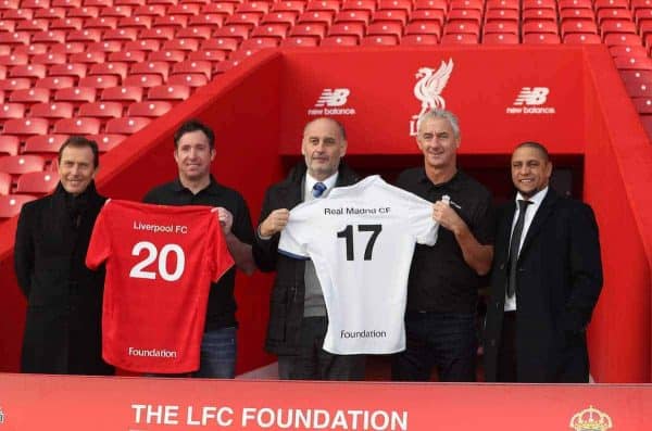 LIVERPOOL, ENGLAND - Monday, December 5, 2016: Liverpool FC Legends foundation announce a charity match against Real Madrid to be played at Andield on Saturday March 25 2017. Emilio Butragueño, Robbie Fowler, Ricardo Gallego, Ian Rush, Roberto Carlos. (Pic by David Rawcliffe/Propaganda)