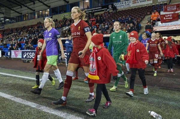 Captains Gemma Bonner of Liverpool Ladies and Millie Turner of Bristol City Women lead thier teams onto the pitch at the start of the Liverpool Ladies v Bristol City Women WSL game at Select Security Stadium on January 27, 2018 in Widnes, England. (Photo by Nick Taylor/Liverpool FC/Liverpool FC via Getty Images)