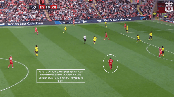 When Liverpool are in possession, Can finds himself drawn towards the Villa penalty area - this is where he wants to play.