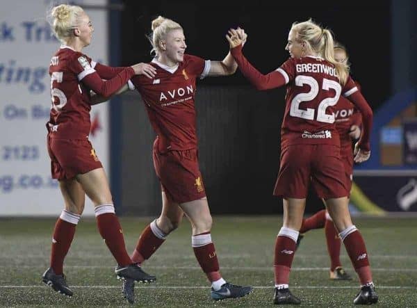 Bethany England of Liverpool Ladies celebrates scoring her second goal of the game with team mates Ashley Hodson (left) and Alex Greenwood (22) during the Liverpool Ladies v Bristol City Women WSL game at Select Security Stadium on January 27, 2018 in Widnes, England. (Photo by Nick Taylor/Liverpool FC/Liverpool FC via Getty Images)