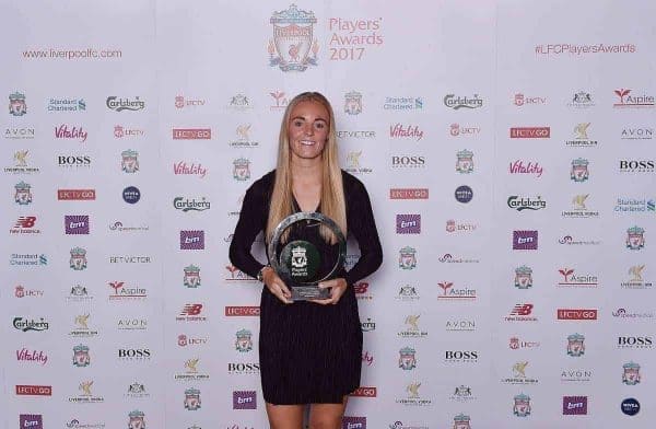 LIVERPOOL, ENGLAND - MAY 09: (THE SUN OUT, THE SUN ON SUNDAY OUT) Sophie Ingle of Liverpool Ladies after winning the Liverpool Ladies FC players' Player of the seaon during the Liverpool FC Player Awards at Anfield on May 9, 2017 in Liverpool, England. (Photo by Andrew Powell/Liverpool FC via Getty Images)