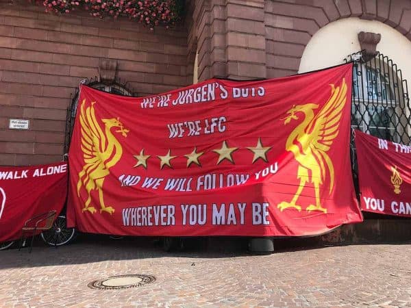 HEIDELBERG, GERMANY - Tuesday, August 145 2017: Liverpool supporters set-up their flags and banners at Marktplatz in Heidelberg ahead of the UEFA Champions League Play-Off 1st Leg match between TSG 1899 Hoffenheim and Liverpool. (Pic by David Rawcliffe/Propaganda)