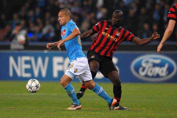 22.11.2011, Stadio San Paolo, Rom, ITA, UEFA CL, Gruppe A, SSC Neapel (ITA) vs Manchester City (ENG), im Bild Gokhan INLER Napoli, Mario BALOTELLI Manchester, // during the football match of UEFA Champions league, group A, between SSC Neapel (ITA) vs Manchester City (ENG) at San Paolo Stadium, rome, Italy on 22/11/2011. EXPA Pictures © 2011, PhotoCredit: EXPA/ Insidefoto/ Andrea Staccioli..***** ATTENTION - for AUT, SLO, CRO, SRB, SUI and SWE only *****