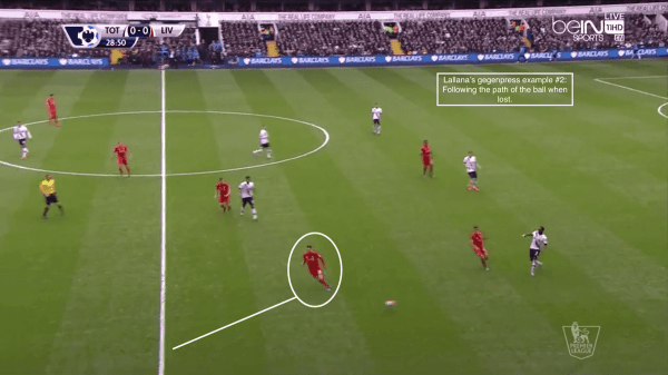 Lallana's gegenpress example #2: Following the path of the ball when lost.