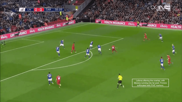 Lallana offering the overlap, with Moreno running to far post. Firmino suffocated with FIVE markers.