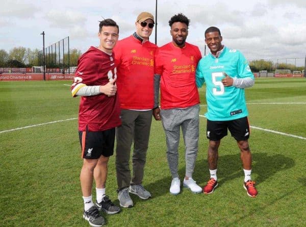 11/4/2017    Washington Redskins Quarterback Kirk Cousins and  Miami Dolphins Wide Receiver Jarvis Landry visit Liverpool FC  and meet Players  Philippe Coutinho and Georginio Wijnaldum  Picture Dave Shopland NFL/UK