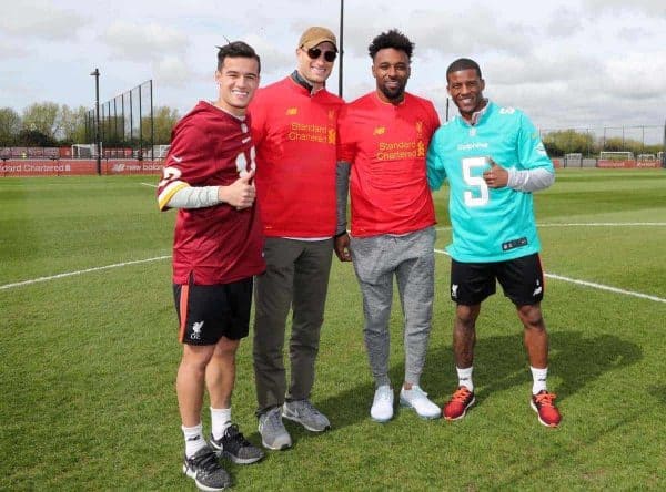 11/4/2017 Washington Redskins Quarterback Kirk Cousins and Miami Dolphins Wide Receiver Jarvis Landry visit Liverpool FC and meet Players Philippe Coutinho and Georginio Wijnaldum Picture Dave Shopland NFL/UK