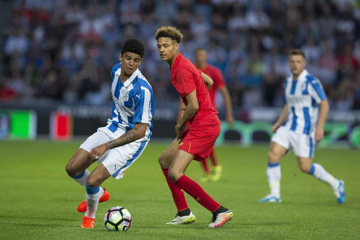 HUDDERSFIELD, ENGLAND - Wednesday, July 20, 2016: Liverpool's Shamal George in action against Huddersfield Town's Philip Billing during the Shankly Trophy pre-season friendly match at the John Smith?s Stadium. (Pic by Paul Greenwood/Propaganda)