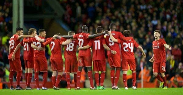 LIVERPOOL, ENGLAND - Monday, January 25, 2016: Liverpool players lined up for penalties during the Football League Cup Semi-Final 2nd Leg match against Stoke City at Anfield. (Pic by David Rawcliffe/Propaganda)