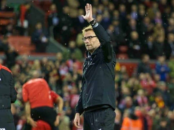 LIVERPOOL, ENGLAND - Monday, January 25, 2016: Liverpool's manager Jürgen Klopp thanking fans after 6-6 winning in penalties during the Football League Cup Semi-Final 2nd Leg match against Stoke City at Anfield. (Pic by David Rawcliffe/Propaganda)