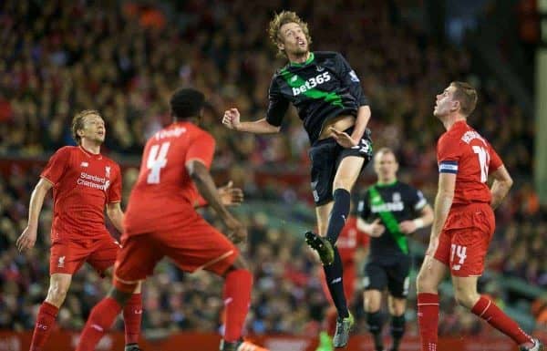 LIVERPOOL, ENGLAND - Monday, January 25, 2016: Liverpool's Lucas Leiva and captain Jordan Henderson in action against Stoke City's Peter Crouch during the Football League Cup Semi-Final 2nd Leg match at Anfield. (Pic by David Rawcliffe/Propaganda)