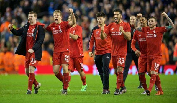 LIVERPOOL, ENGLAND - Monday, January 25, 2016: Liverpool players celebrating the victory after 6-6 winning in penalties during the Football League Cup Semi-Final 2nd Leg match against Stoke City at Anfield. (Pic by David Rawcliffe/Propaganda)