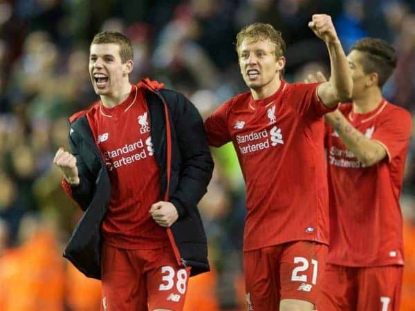 LIVERPOOL, ENGLAND - Monday, January 25, 2016: Liverpool's Lucas Leiva,and Jon Flanagan celebrating the victory after 6-6 winning in penalties during the Football League Cup Semi-Final 2nd Leg match against Stoke City at Anfield. (Pic by David Rawcliffe/Propaganda)