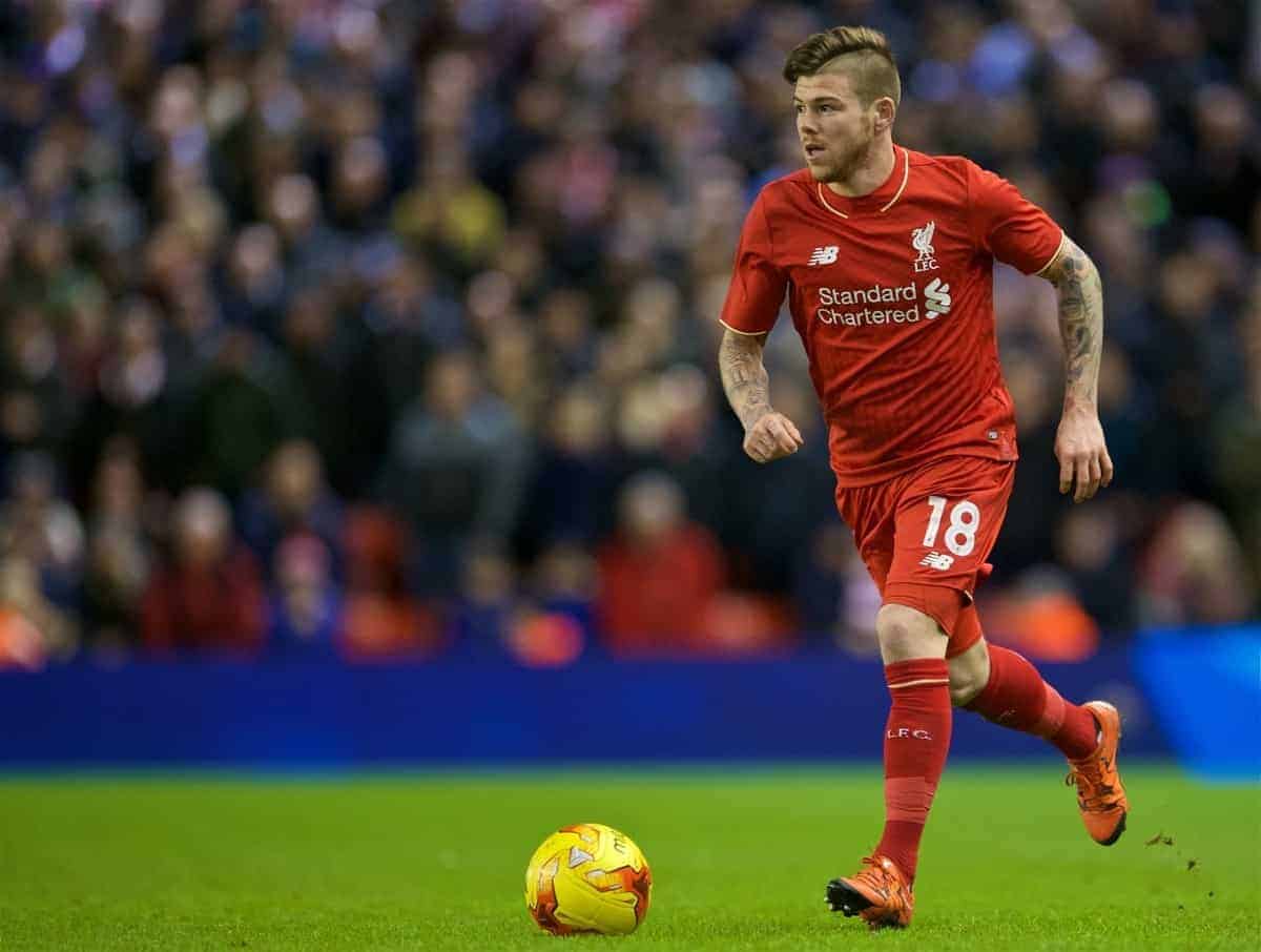 LIVERPOOL, ENGLAND - Monday, January 25, 2016: Liverpool's Alberto Moreno in action during the Football League Cup Semi-Final 2nd Leg match against Stoke City at Anfield. (Pic by David Rawcliffe/Propaganda)