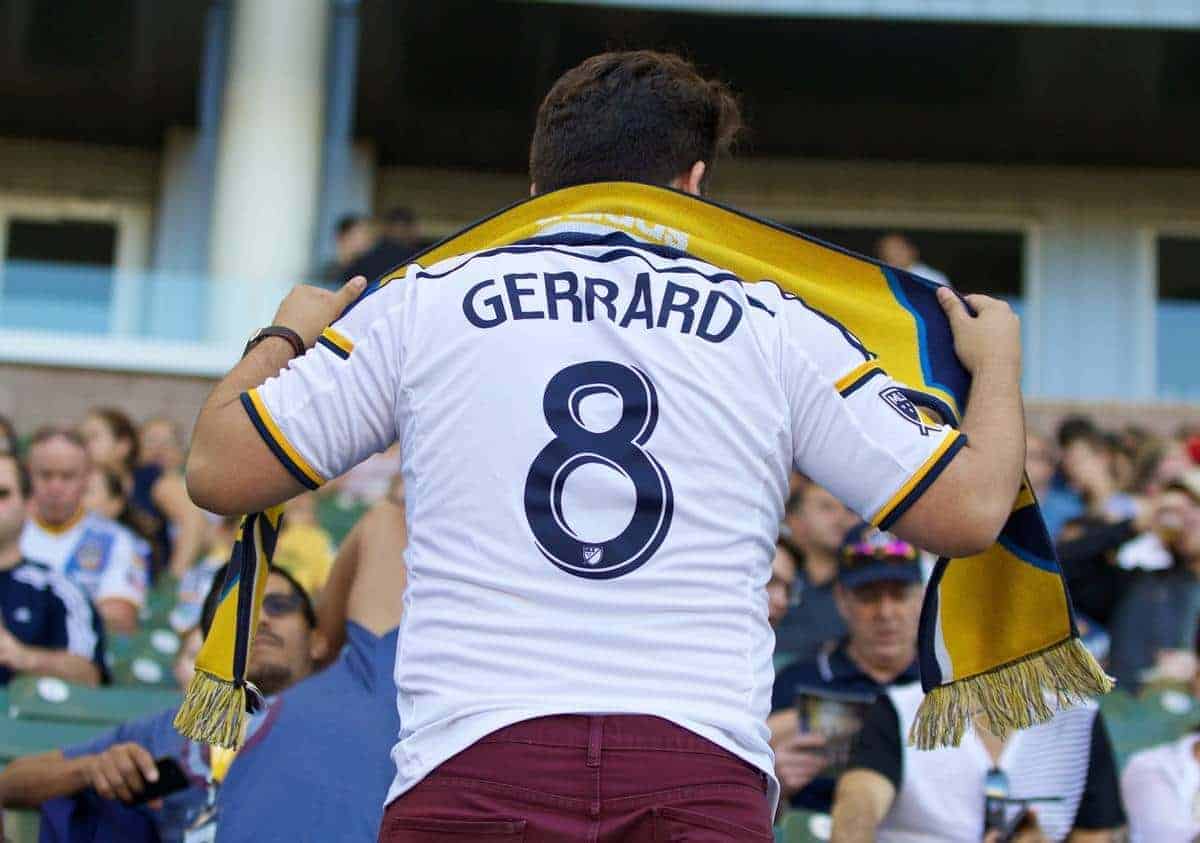 LOS ANGELES, USA - Saturday, July 4, 2015: A LA Galaxy supporter wearing a Steven Gerrard shirt during the MLS game against Toronto FC at the StubHub Center. (Pic by Robert Sorey/Propaganda)