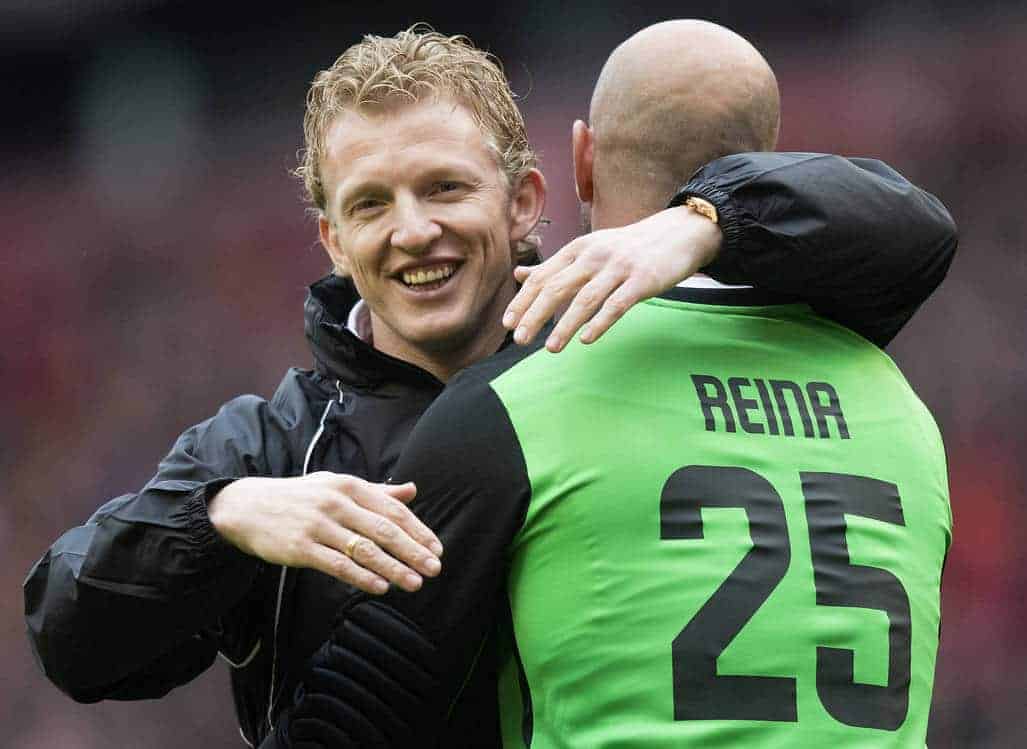 LIVERPOOL, ENGLAND - Sunday, March 29, 2015: Dirk Kuyt embraces Pepe Reina during the Liverpool All Star Charity match at Anfield. (Pic by Richard Martin-Roberts/Propaganda)