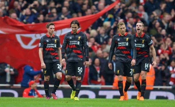 LONDON, ENGLAND - Saturday, April 4, 2015: Liverpool's Joe Allen, Lazar Markovic, Lucas Leiva and captain Jordan Henderson look dejected as Arsenal score the third goal before half-time during the Premier League match at the Emirates Stadium. (Pic by David Rawcliffe/Propaganda)