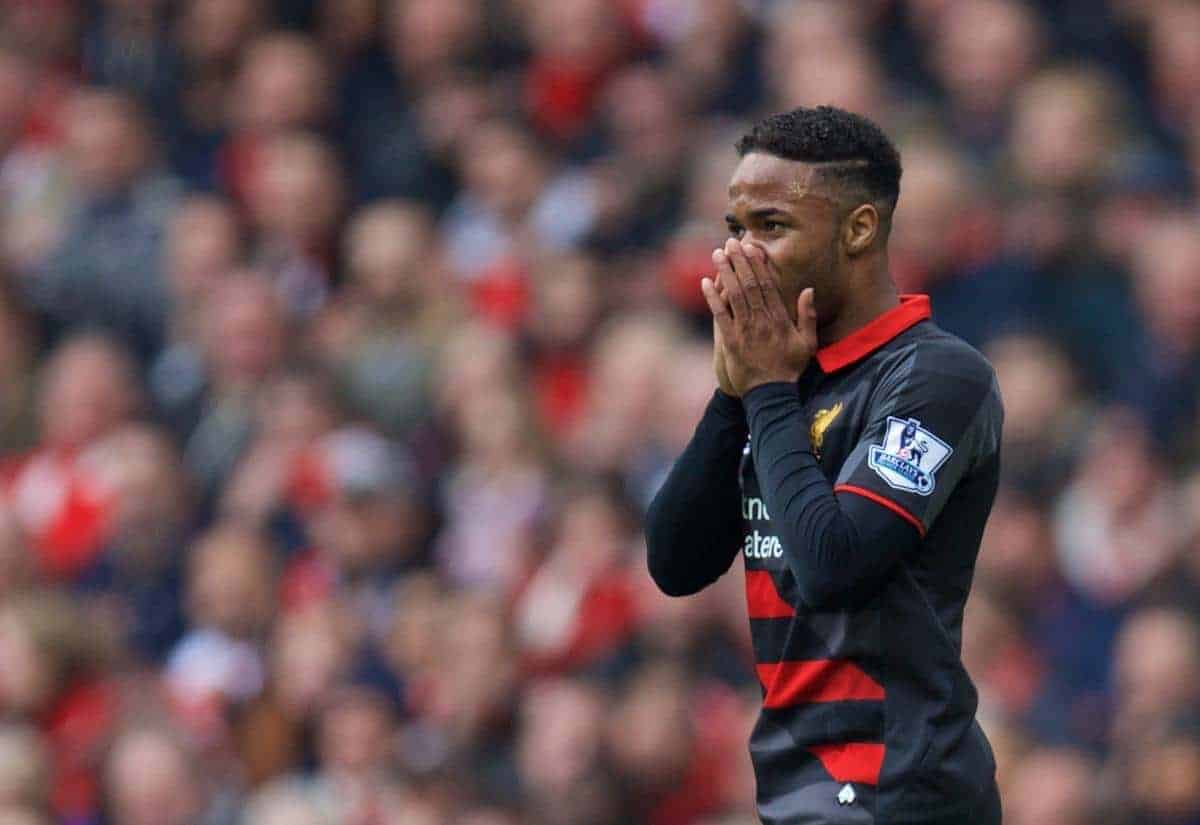 LONDON, ENGLAND - Saturday, April 4, 2015: Liverpool's Raheem Sterling looks dejected after missing a chance against Arsenal during the Premier League match at the Emirates Stadium. (Pic by David Rawcliffe/Propaganda)