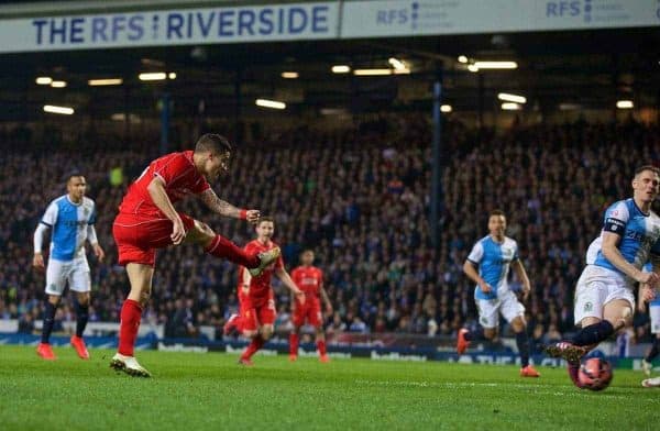BLACKBURN, ENGLAND - Wednesday, April 8, 2015: Liverpool's Philippe Coutinho Correia scores the first goal against Blackburn Rovers during the FA Cup 6th Round Quarter-Final Replay match at Ewood Park. (Pic by David Rawcliffe/Propaganda)
