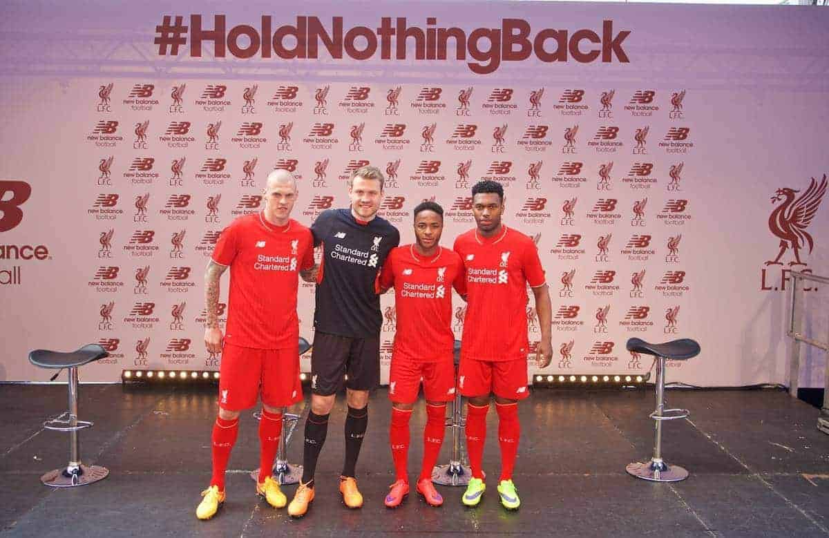 LIVERPOOL, ENGLAND - Friday, April 10, 2015: Liverpool's Martin Skrtel, goalkeeper Simon Mignolet, Raheem Sterling and Daniel Sturridge during the launch for the New Balance 2015/16 home kit at Anfield. (Pic by Paul Currie/Propaganda)