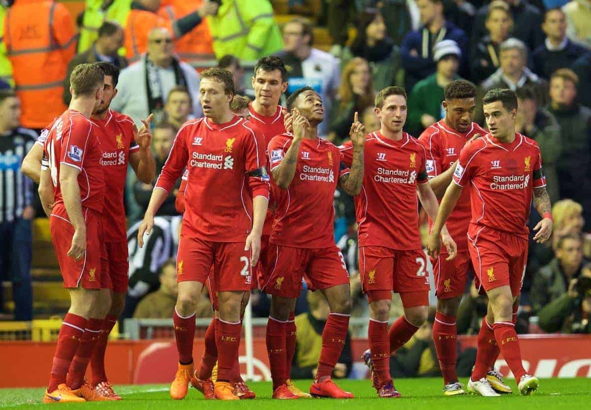 LIVERPOOL, ENGLAND - Monday, April 13, 2015: Liverpool's Raheem Sterling celebrates scoring the first goal against Newcastle United during the Premier League match at Anfield. (Pic by David Rawcliffe/Propaganda)