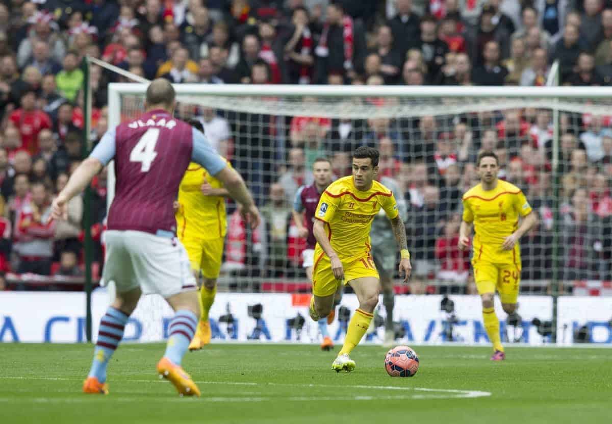 LONDON, ENGLAND - Sunday, April 19, 2015: Liverpool's Philippe Coutinho Correia in action against Aston Villa during the FA Cup Semi-Final match at Wembley Stadium. (Pic by Gareth Jones/Propaganda)