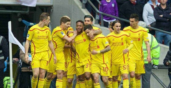 LONDON, ENGLAND - Sunday, April 19, 2015: Liverpool's Philippe Coutinho Correia celebrates scoring the first goal against Aston Villa during the FA Cup Semi-Final match at Wembley Stadium. (Pic by David Rawcliffe/Propaganda)