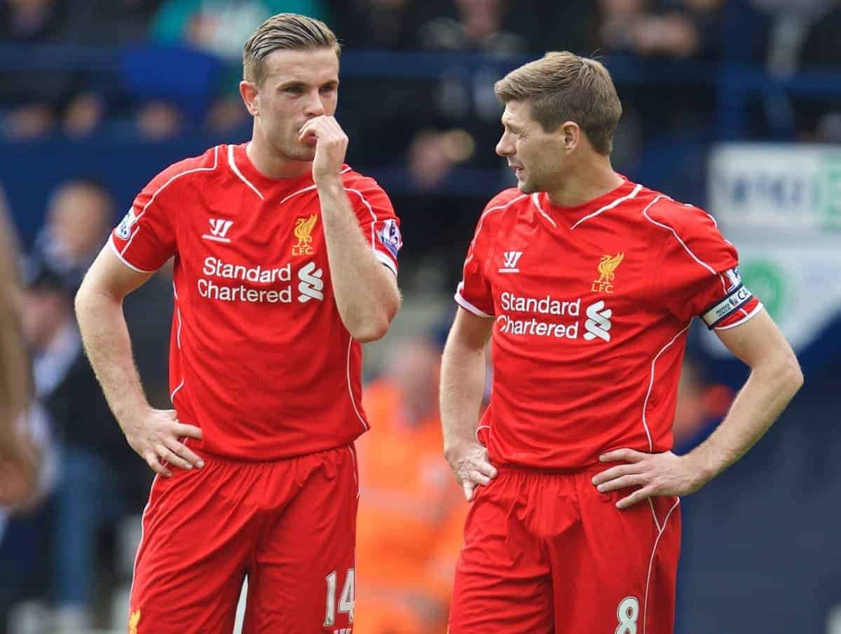 WEST BROMWICH, ENGLAND - Saturday, April 25, 2015: Liverpool's vice-captain Jordan Henderson and captain Steven Gerrard in action against West Bromwich Albion during the Premier League match at the Hawthorns. (Pic by David Rawcliffe/Propaganda)