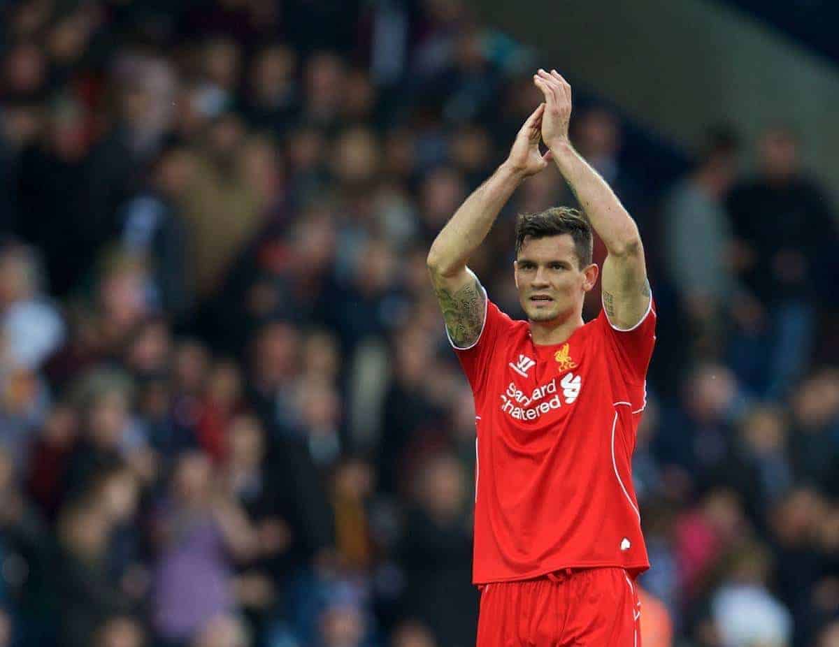 WEST BROMWICH, ENGLAND - Saturday, April 25, 2015: Liverpool's Dejan Lovren applauds the supporters after the goal-less draw against West Bromwich Albion during the Premier League match at the Hawthorns. (Pic by David Rawcliffe/Propaganda)