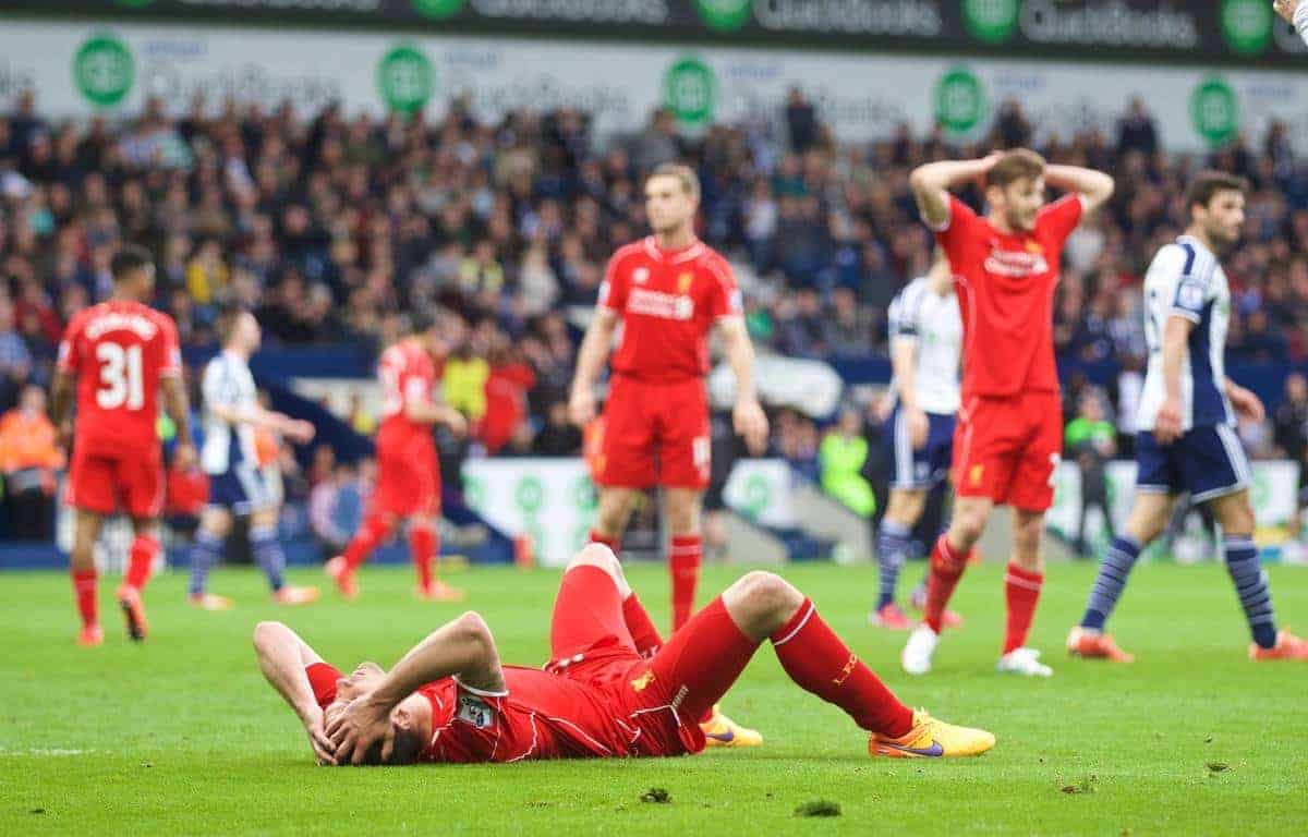 WEST BROMWICH, ENGLAND - Saturday, April 25, 2015: Liverpool's Dejan Lovren looks dejected after missing a late chance against West Bromwich Albion during the Premier League match at the Hawthorns. (Pic by David Rawcliffe/Propaganda)