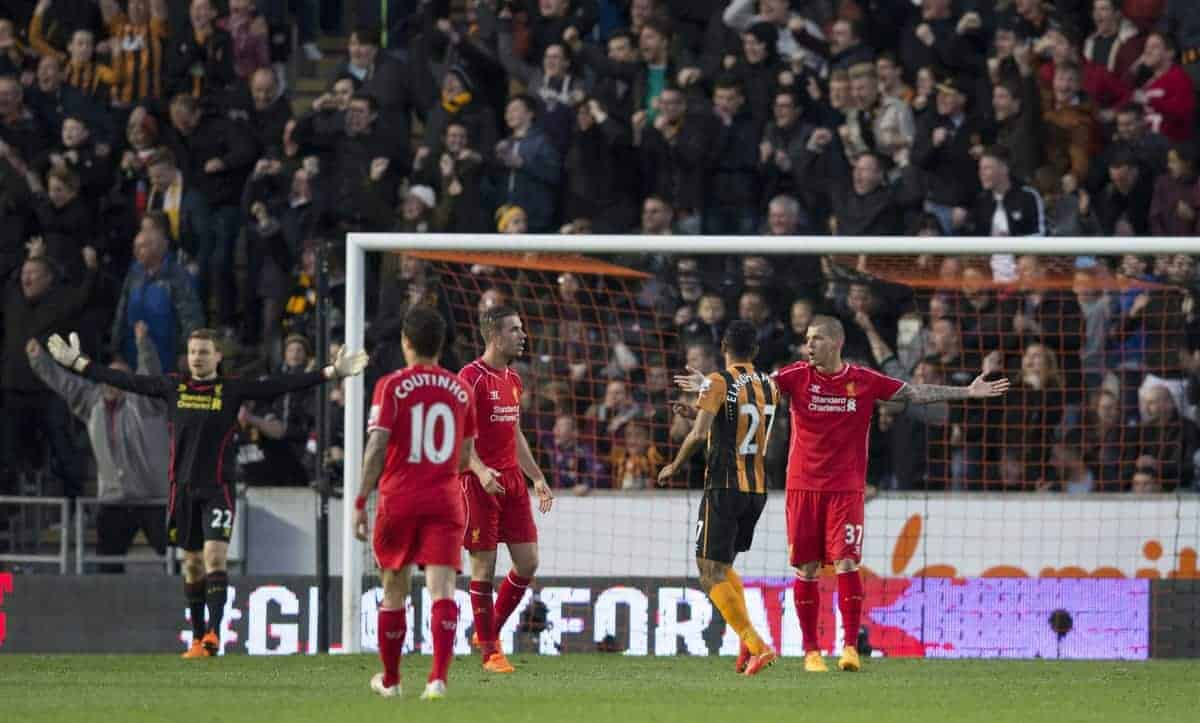 KINGSTON-UPON-HULL, ENGLAND - Tuesday, April 28, 2015: Liverpool's Martin Skrtel and goalkeeper Simon Mignolet appeal as they concede the first goal against Hull City during the Premier League match at the KC Stadium. (Pic by Gareth Jones/Propaganda)