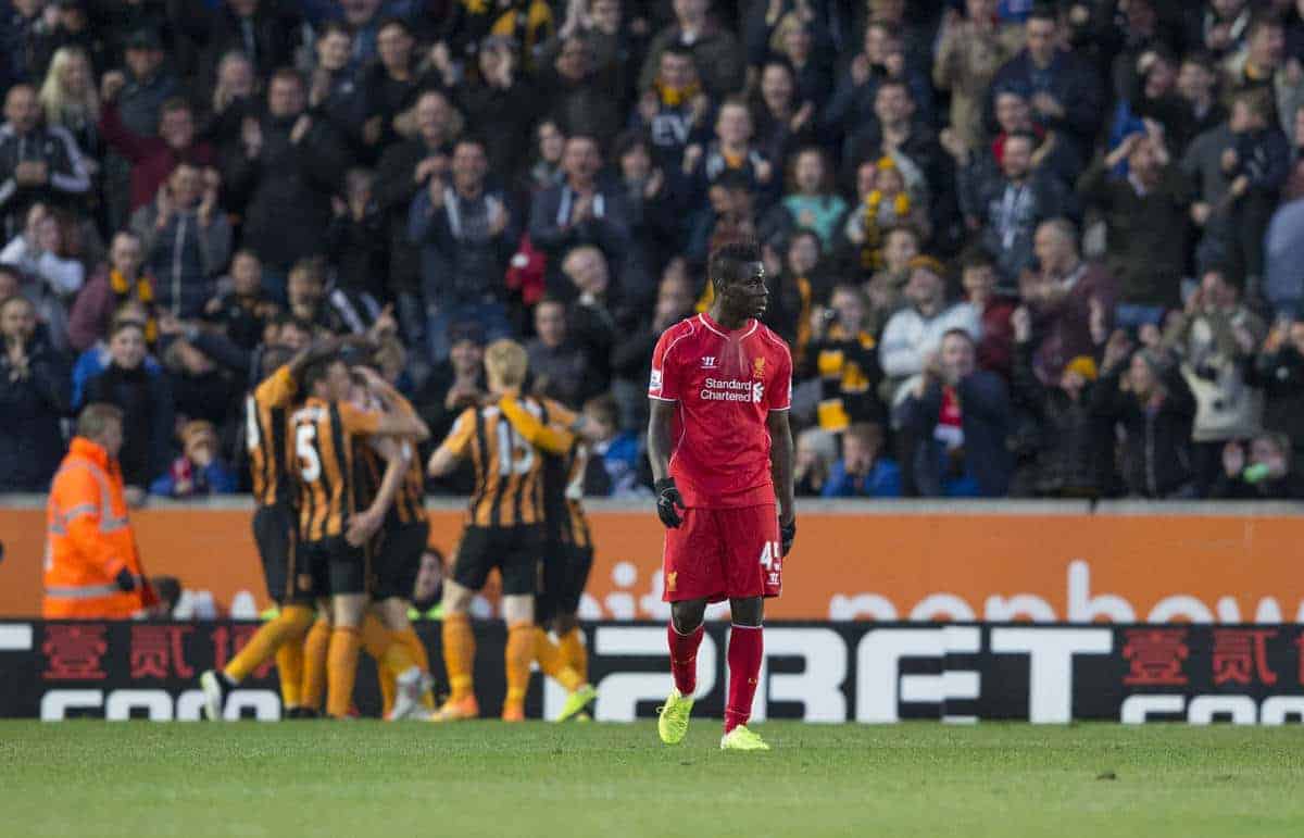 KINGSTON-UPON-HULL, ENGLAND - Tuesday, April 28, 2015: Liverpool's Mario Balotelli looks on as Hull City players celebrate the first goal scored by Michael Dawson during the Premier League match at the KC Stadium. (Pic by Gareth Jones/Propaganda)
