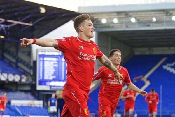 LIVERPOOL, ENGLAND - Thursday, April 30, 2015: Liverpool's Ryan Kent celebrates scoring the first goal against Everton during the Under 21 FA Premier League match at Goodison Park. (Pic by David Rawcliffe/Propaganda)