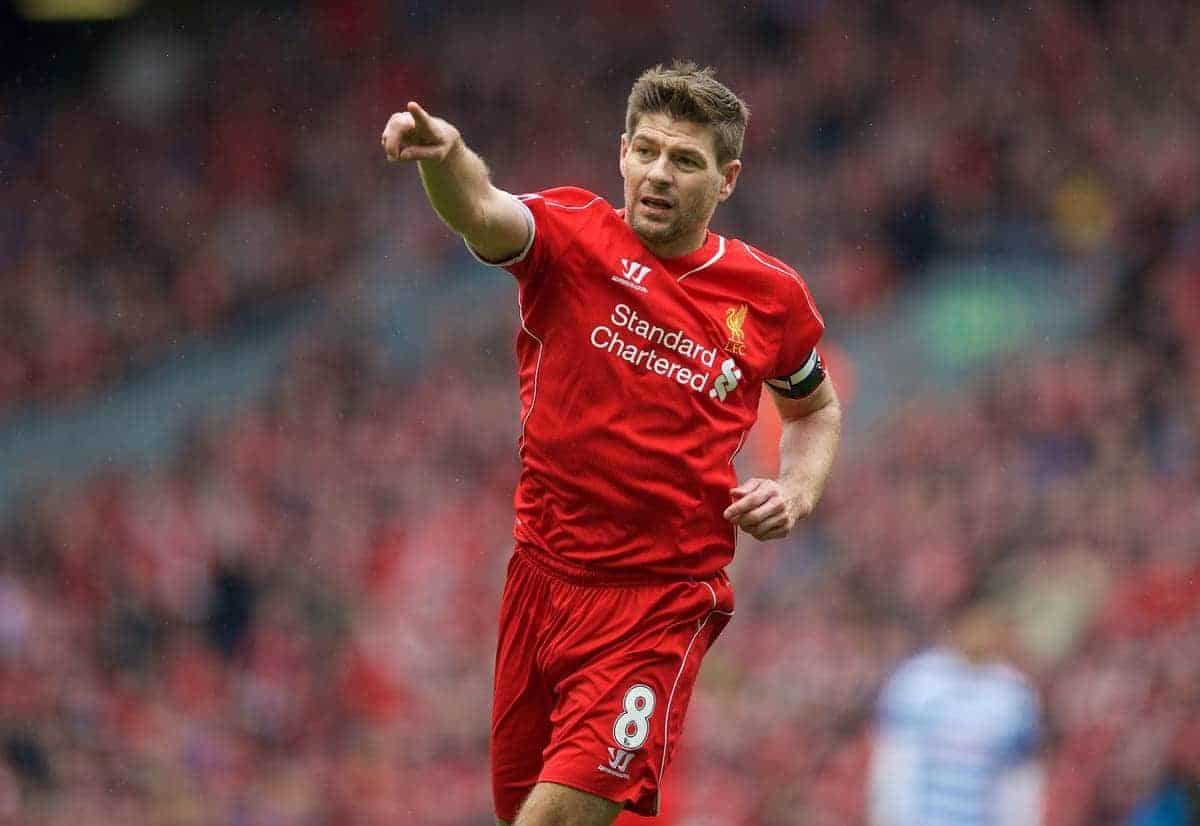 LIVERPOOL, ENGLAND - Saturday, May 2, 2015: Liverpool's captain Steven Gerrard in action against Queens Park Rangers during the Premier League match at Anfield. (Pic by David Rawcliffe/Propaganda)