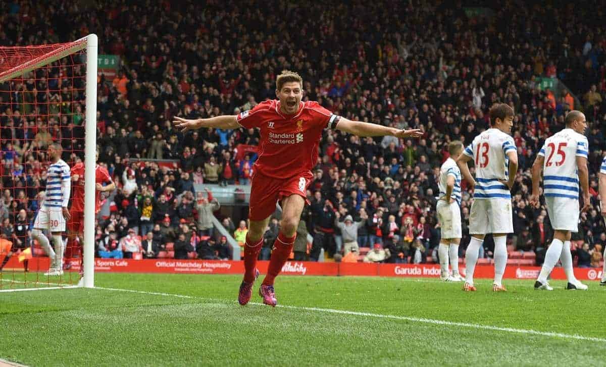 LIVERPOOL, ENGLAND - Saturday, May 2, 2015: Liverpool's captain Steven Gerrard celebrates scoring the winning second goal against Queens Park Rangers during the Premier League match at Anfield. (Pic by David Rawcliffe/Propaganda)
