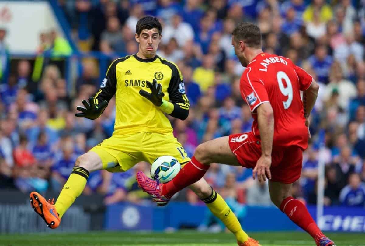 LONDON, ENGLAND - Sunday, May 10, 2015: Liverpool's Rickie Lambert is denied by Chelsea's goalkeeper Petr Cech during the Premier League match at Stamford Bridge. (Pic by David Rawcliffe/Propaganda)