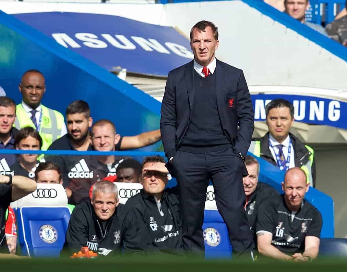 LONDON, ENGLAND - Sunday, May 10, 2015: Liverpool's manager Brendan Rodgers during the Premier League match against Chelsea at Stamford Bridge. (Pic by David Rawcliffe/Propaganda)