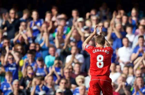 LONDON, ENGLAND - Sunday, May 10, 2015: Liverpool's captain Steven Gerrard is given a standing ovation by the Chelsea supporters as he is substituted during the Premier League match at Stamford Bridge. (Pic by David Rawcliffe/Propaganda)