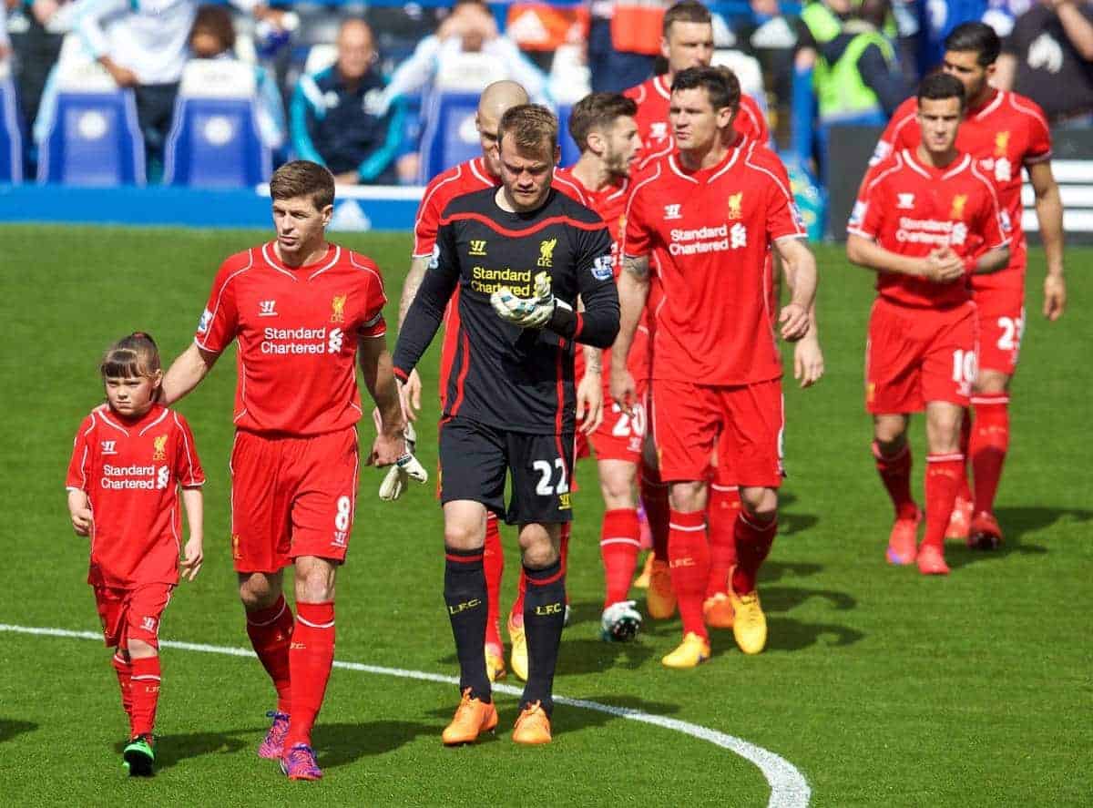 LONDON, ENGLAND - Sunday, May 10, 2015: Liverpool's captain Steven Gerrard leads his side out to face Chelsea before the Premier League match at Stamford Bridge. (Pic by David Rawcliffe/Propaganda)