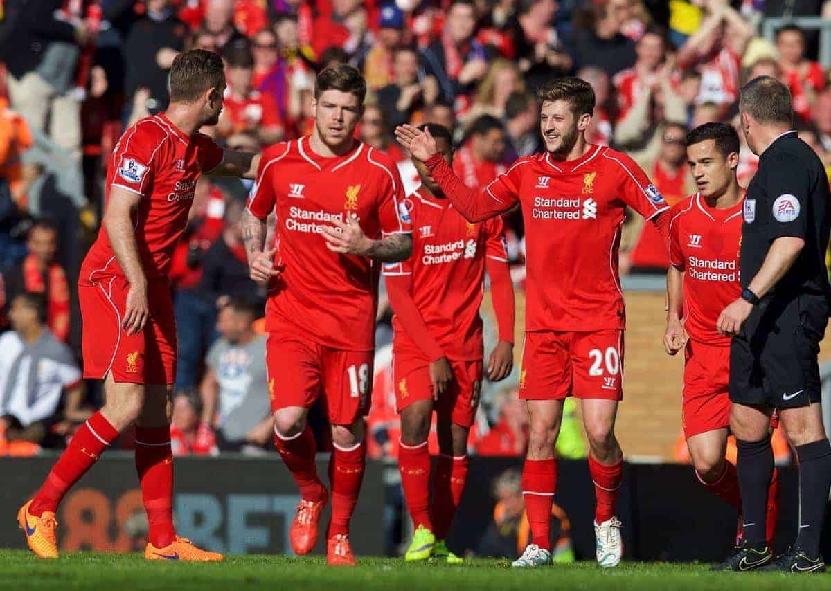 LIVERPOOL, ENGLAND - Saturday, May 16, 2015: Liverpool's Adam Lallana celebrates scoring the first goal against Crystal Palace during the Premier League match at Anfield. (Pic by David Rawcliffe/Propaganda)