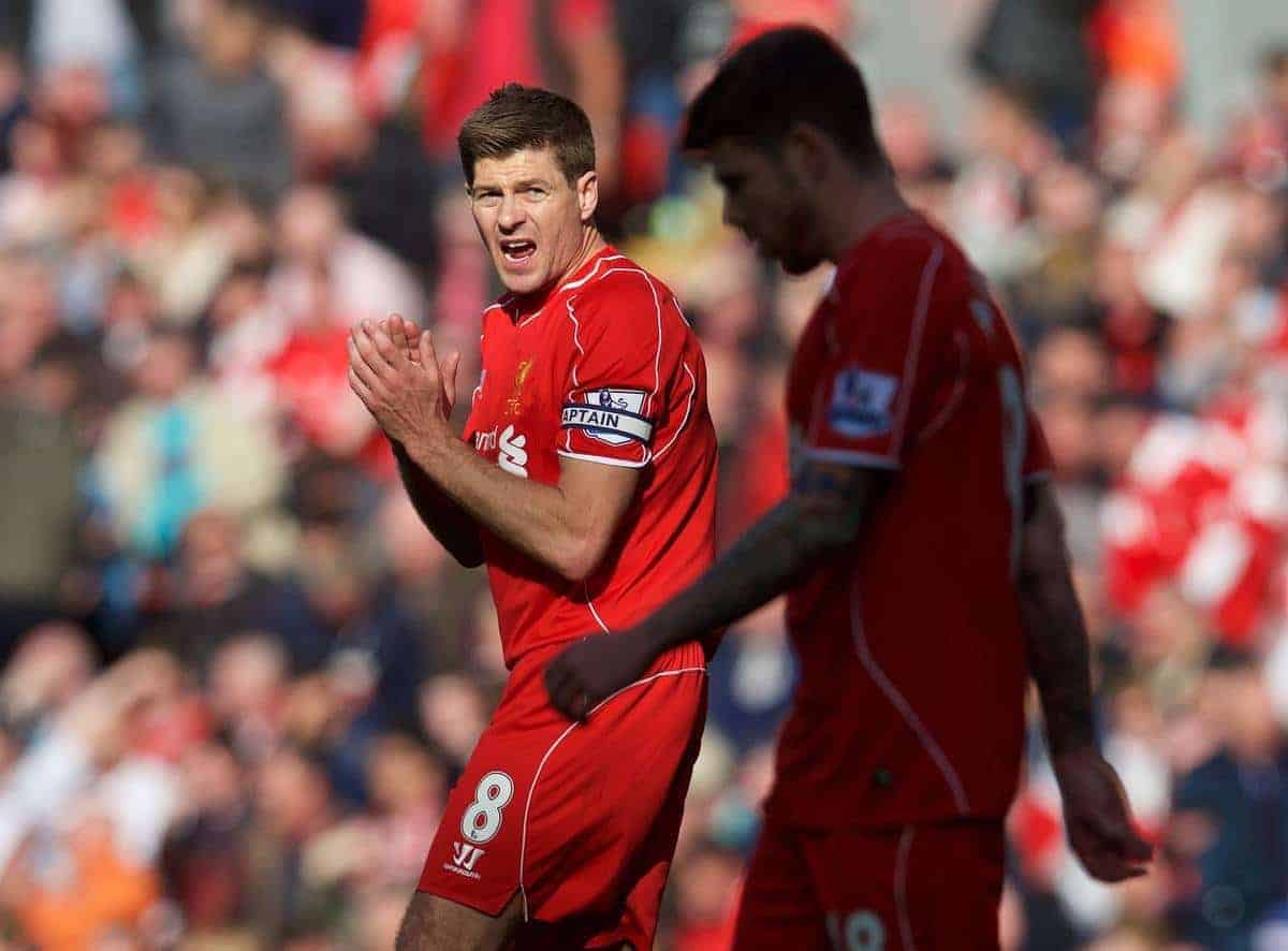 LIVERPOOL, ENGLAND - Saturday, May 16, 2015: Liverpool's captain Steven Gerrard gees up his side as Crystal Palace score an equalising goal during the Premier League match at Anfield. (Pic by David Rawcliffe/Propaganda)