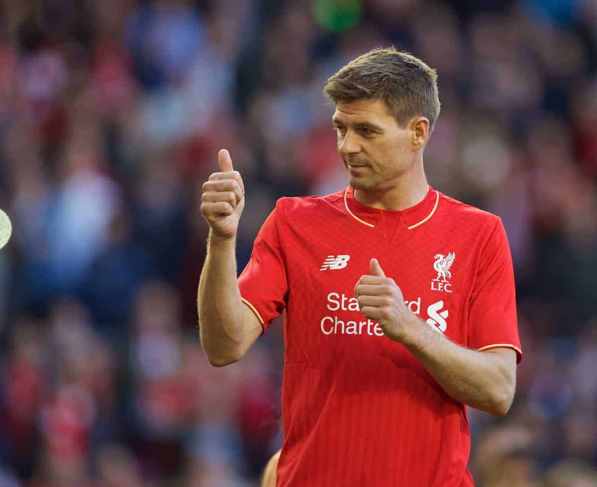 LIVERPOOL, ENGLAND - Saturday, May 16, 2015: Liverpool's captain Steven Gerrard waves goodbye to the supporters after his final game for the Reds at Anfield during the Premier League match against Crystal Palace. (Pic by David Rawcliffe/Propaganda)
