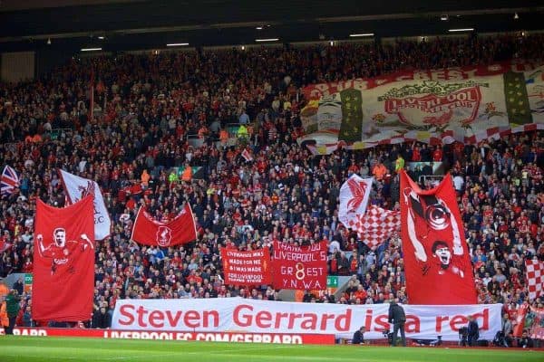 LIVERPOOL, ENGLAND - Saturday, May 16, 2015: Liverpool supporters with a Steven Gerrard banner before the Premier League match against Crystal Palace at Anfield. (Pic by David Rawcliffe/Propaganda)