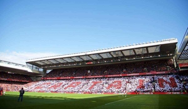 LIVERPOOL, ENGLAND - Saturday, May 16, 2015: Liverpool supporters' mosaic 'Captain' for Steven Gerrard before the Premier League match against Crystal Palace at Anfield. (Pic by David Rawcliffe/Propaganda)
