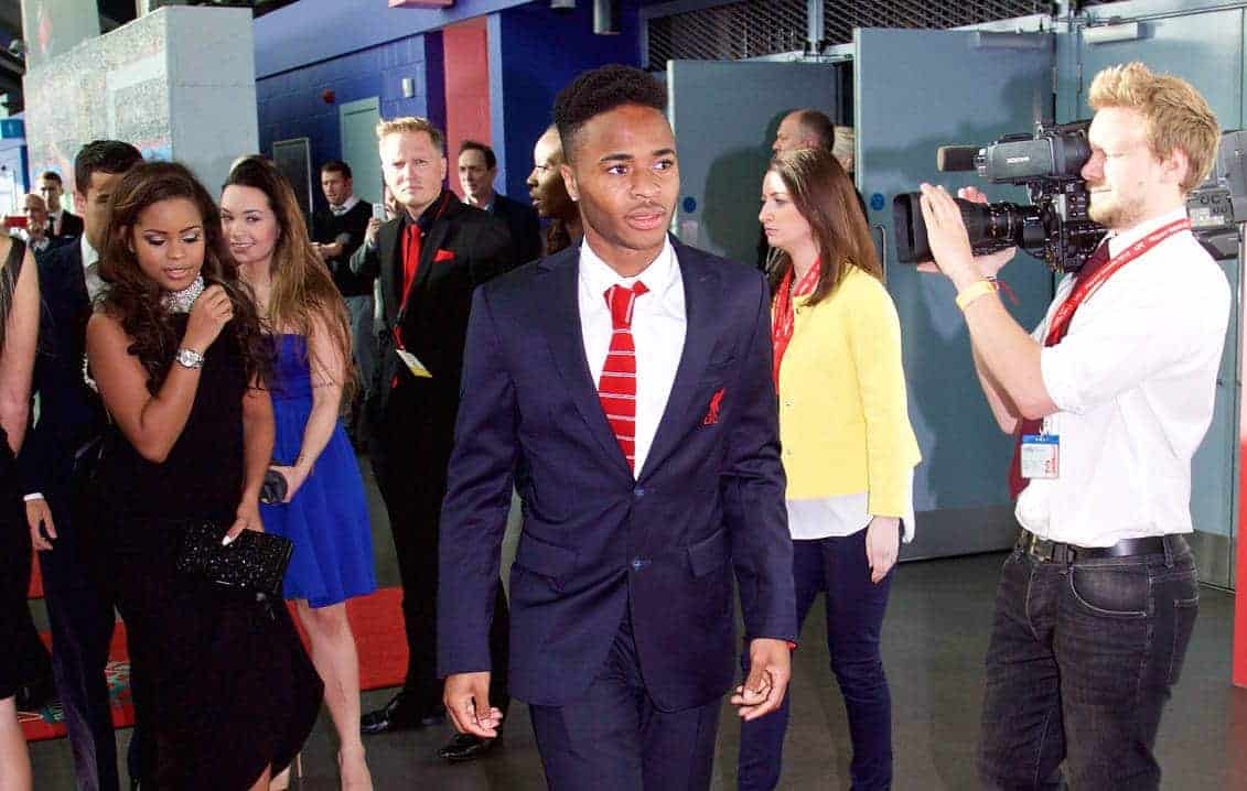 LIVERPOOL, ENGLAND - Tuesday, May 19, 2015: Liverpool's Raheem Sterling and girlfriend Ann Rose Halliday arrive on the red carpet for the Liverpool FC Players' Awards Dinner 2015 at the Liverpool Arena. (Pic by David Rawcliffe/Propaganda)