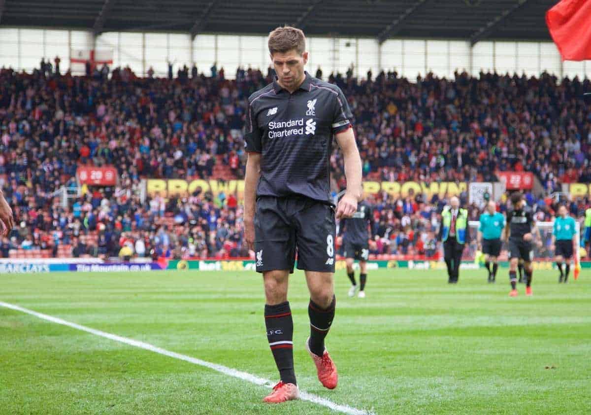 STOKE-ON-TRENT, ENGLAND - Sunday, May 24, 2015: Liverpool's captain Steven Gerrard walk off dejected as his side are losing 5-0 to lowly Stoke City during the Premier League match at the Britannia Stadium. (Pic by David Rawcliffe/Propaganda)