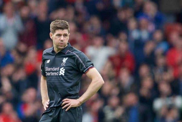 STOKE-ON-TRENT, ENGLAND - Sunday, May 24, 2015: Liverpool's captain Steven Gerrard looks dejected as Stoke City score the fifth goal in the first half during the Premier League match at the Britannia Stadium. (Pic by David Rawcliffe/Propaganda)