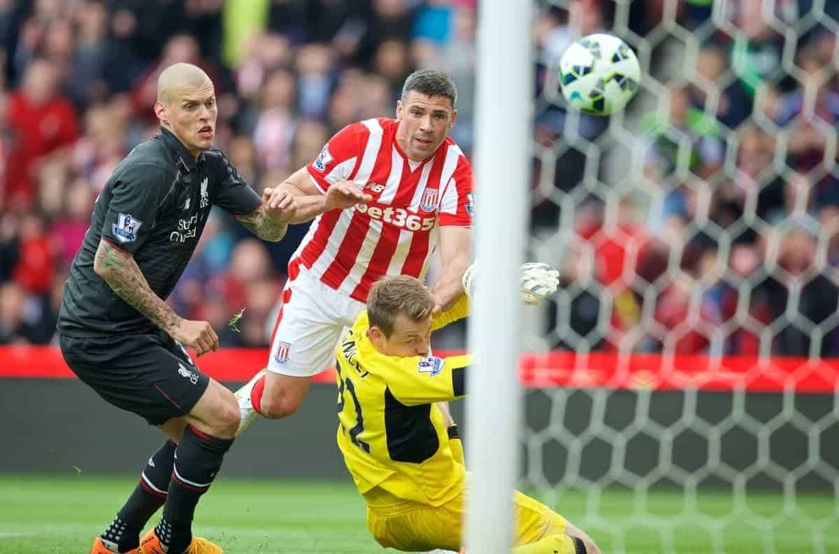 STOKE-ON-TRENT, ENGLAND - Sunday, May 24, 2015: Stoke City's Jonathan Walters scores the third goal against Liverpool during the Premier League match at the Britannia Stadium. (Pic by David Rawcliffe/Propaganda)