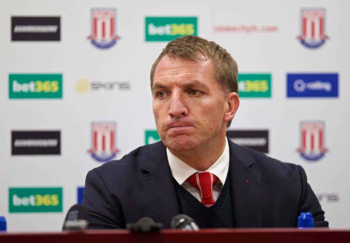 STOKE-ON-TRENT, ENGLAND - Sunday, May 24, 2015: Liverpool's manager Brendan Rodgers in a post-match press conference after his side's 6-1 defeat to Stoke City during the Premier League match at the Britannia Stadium. (Pic by David Rawcliffe/Propaganda)